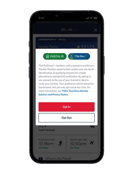 iPhone mit TSA Touchless Precheck und Digital ID Anmeldebildschirm in Fly Delta