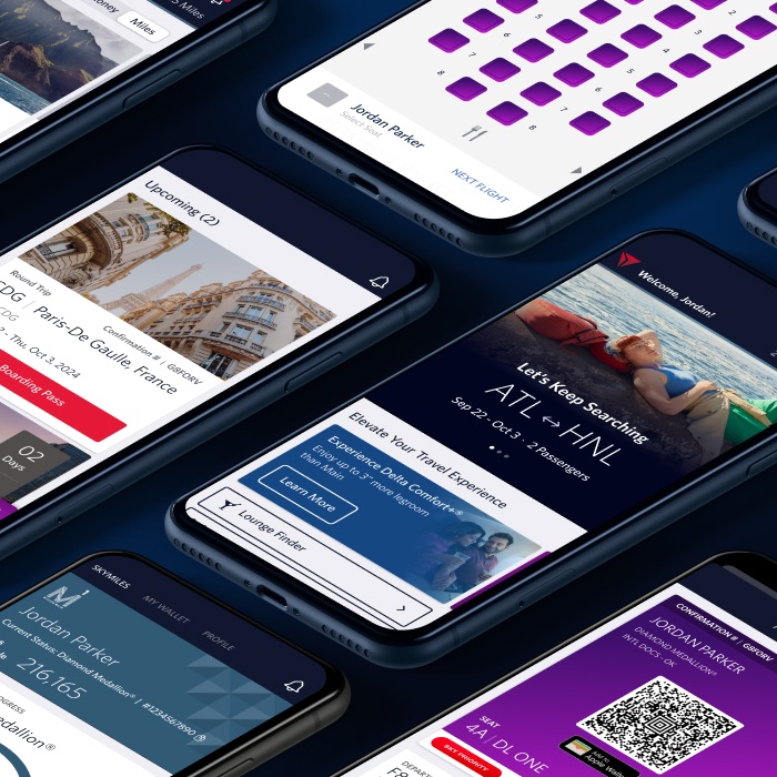 The Fly Delta App QR code on desktop and hero image on mobile.
